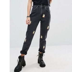 The Ragged Priest Lucky Cat Jeans Black Denim Size 24 Embroidered
